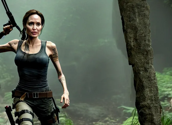 Image similar to film still of!!!! angelina jolie!!! as lara croft in new tomb raider movie, 8 k