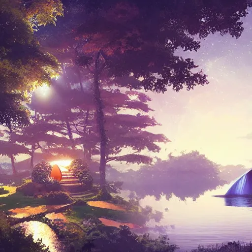 Image similar to geodesic dome in front of a lake with gardens and waterfall, gapmoe kuudere moody lighting stunning bokeh highlights sharp contrast | trending pixiv fanbox | by greg rutkowski makoto shinkai takashi takeuchi studio ghibli