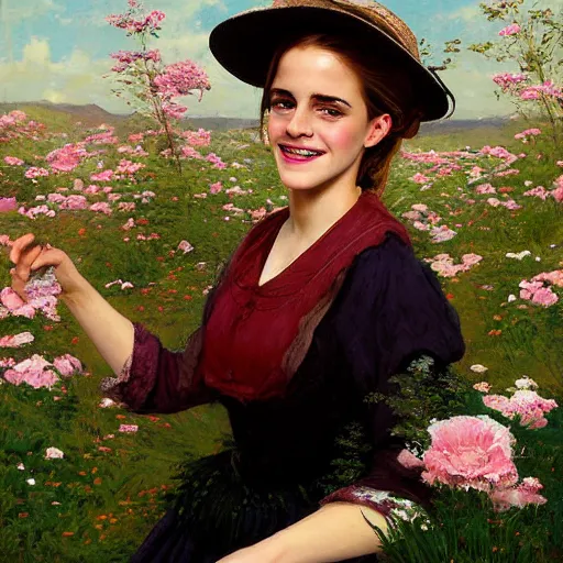 Image similar to laughing mouth open thick paint brush strokes full body fashion model emma watson by Jeremy Lipking by Hasui Kawase by Richard Schmid (((smokey eyes makeup eye shadow fantasy, glow, shimmer as victorian woman in a long white frilly lace dress and a large white hat having tea in a sunroom filled with flowers, roses and lush fern flowers ,intricate, night, highly detailed, dramatic lighting))) , high quality