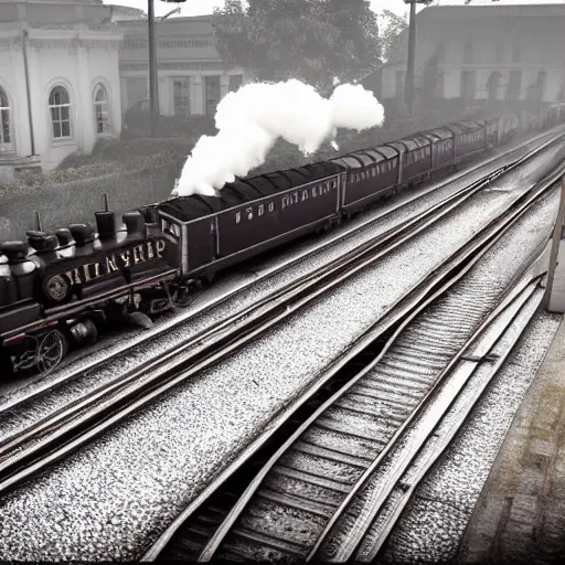 Image similar to a black steam locomotive pulling a train into a Victorian era crowded train station, slight fog, highly detailed, octane render, unreal engine 5