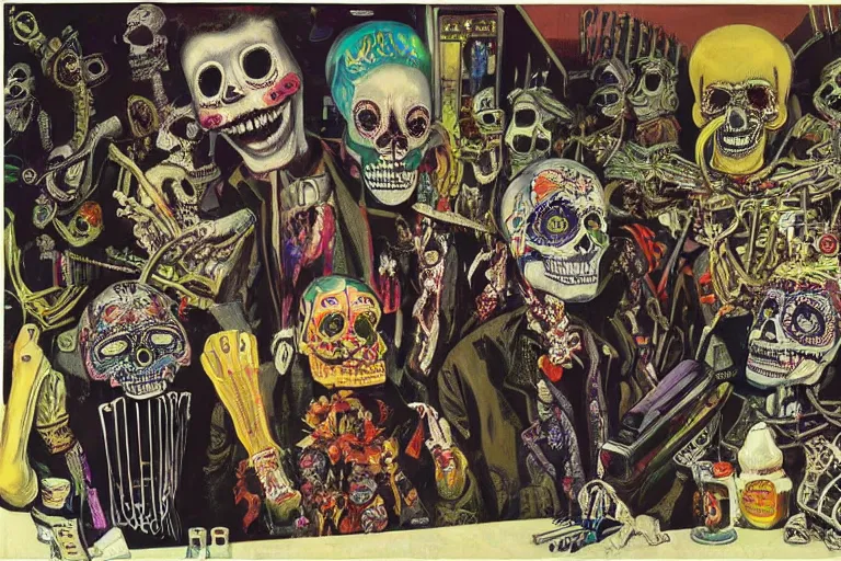 Image similar to scene from amusement arcade, day of the dead, cyber skeletons, queen in black silk in the center, neon painting by otto dix