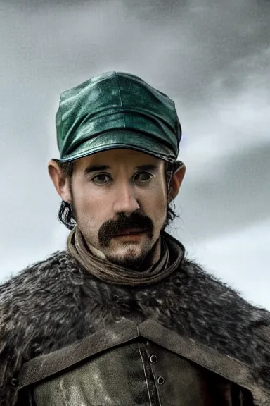 Image similar to very very intricate photorealistic photo of a realistic human version of luigi wearing his hat in an episode of game of thrones, photo is in focus with detailed atmospheric lighting, award - winning details