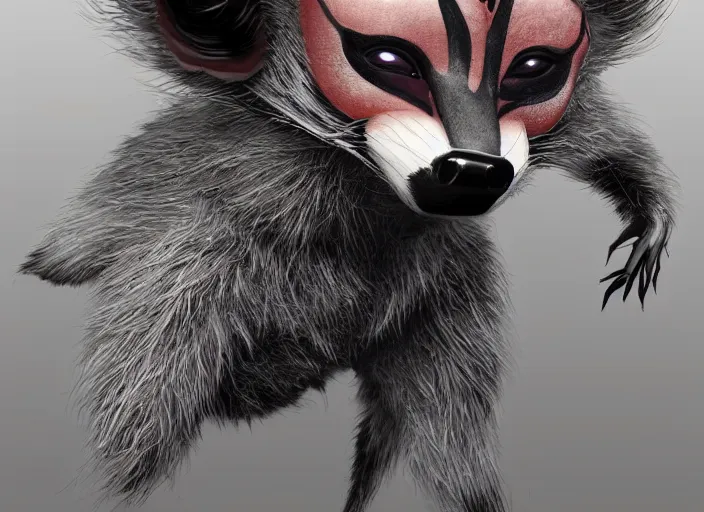 Image similar to award - winning detailed concept art of a creepy animatronic puppet anthropomorphic raccoon character wearing clown makeup. art by wlop on bcy. net, realistic. detailed fur, art by cheng yi. artstationhd, artgerm, 3 dcg, pixar zootopia. 3 d rendering, high quality model sheet, disney. model sheet detailed