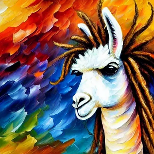 Prompt: llama with dreadlocks, heroic pose, by Leonid Afremov