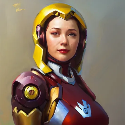 Image similar to greg manchess portrait painting of a female ironman as overwatch character, medium shot, asymmetrical, profile picture, organic painting, sunny day, matte painting, bold shapes, hard edges, street art, trending on artstation, by huang guangjian, gil elvgren, ruan jia, greg rutkowski, gaston bussiere