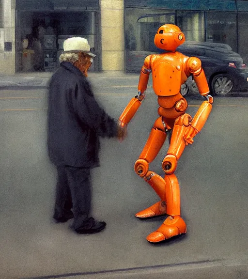 Prompt: : realistic photograph of an orange robot : helping an elderly man cross the street + by Edgar Maxence and Ross Tran