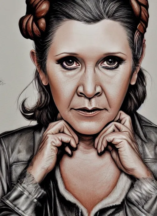 Image similar to portrait of carrie fisher, gritty, dark, wearing a leather jacket, very detailed eyes, hyperrealistic, very detailed painting by Glenn Fabry, by Joao Ruas, by Artgerm