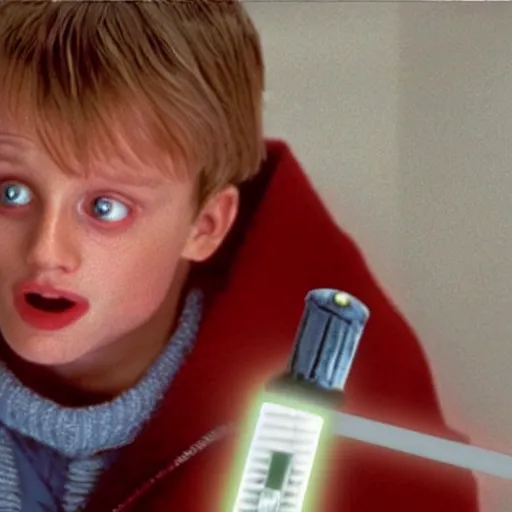 Image similar to Kevin McCallister if he had a lightsaber