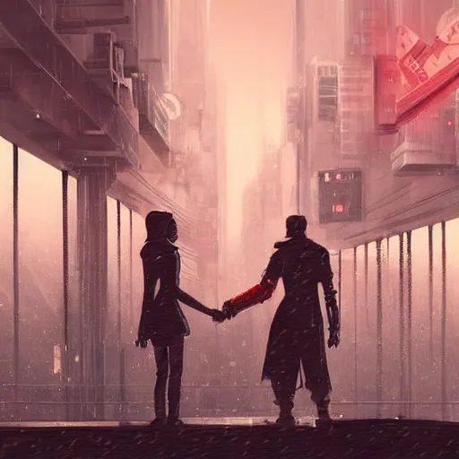 Image similar to a heartfelt unspoken love story between two robots overlooking a crumbling empty city, third person, cyberpunk, dystopia, rain, bittersweet, realism, painting