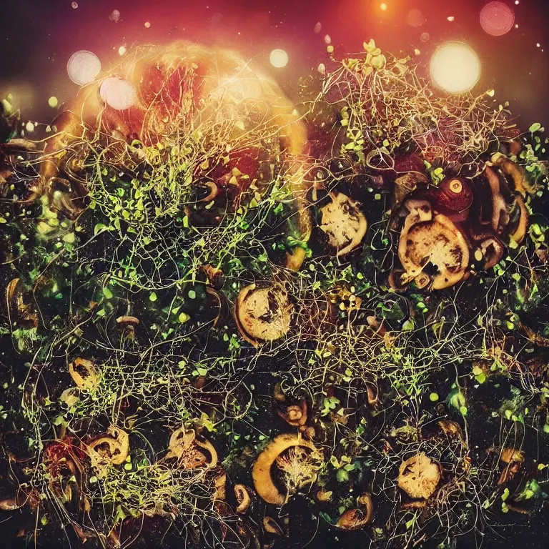 Image similar to double exposure of dally life, symbols of live, explosion, different sprouts and microgreens on mushrooms, cyber mushroom city, mushroom matrix, love is the most relevant theme, 8 k resolution, artistic mode, artistic, trending on instagram, long exposure, love art, serious, fantasy and dreams vibes, mushrooms style and macro style, spring vibes in twilight or sunset lights