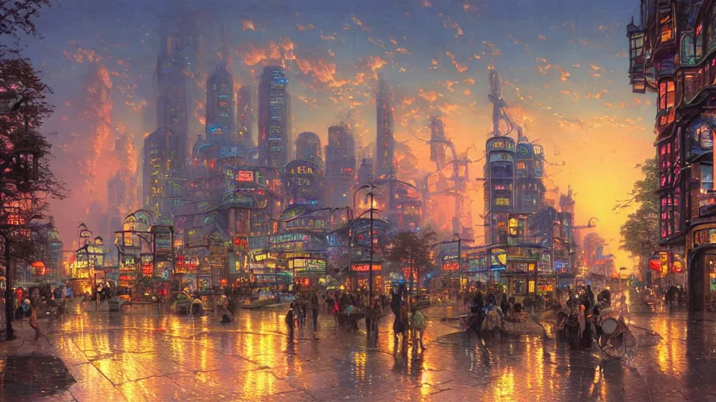 Prompt: utopian futuristic city streets at dusk, by thomas kinkade,