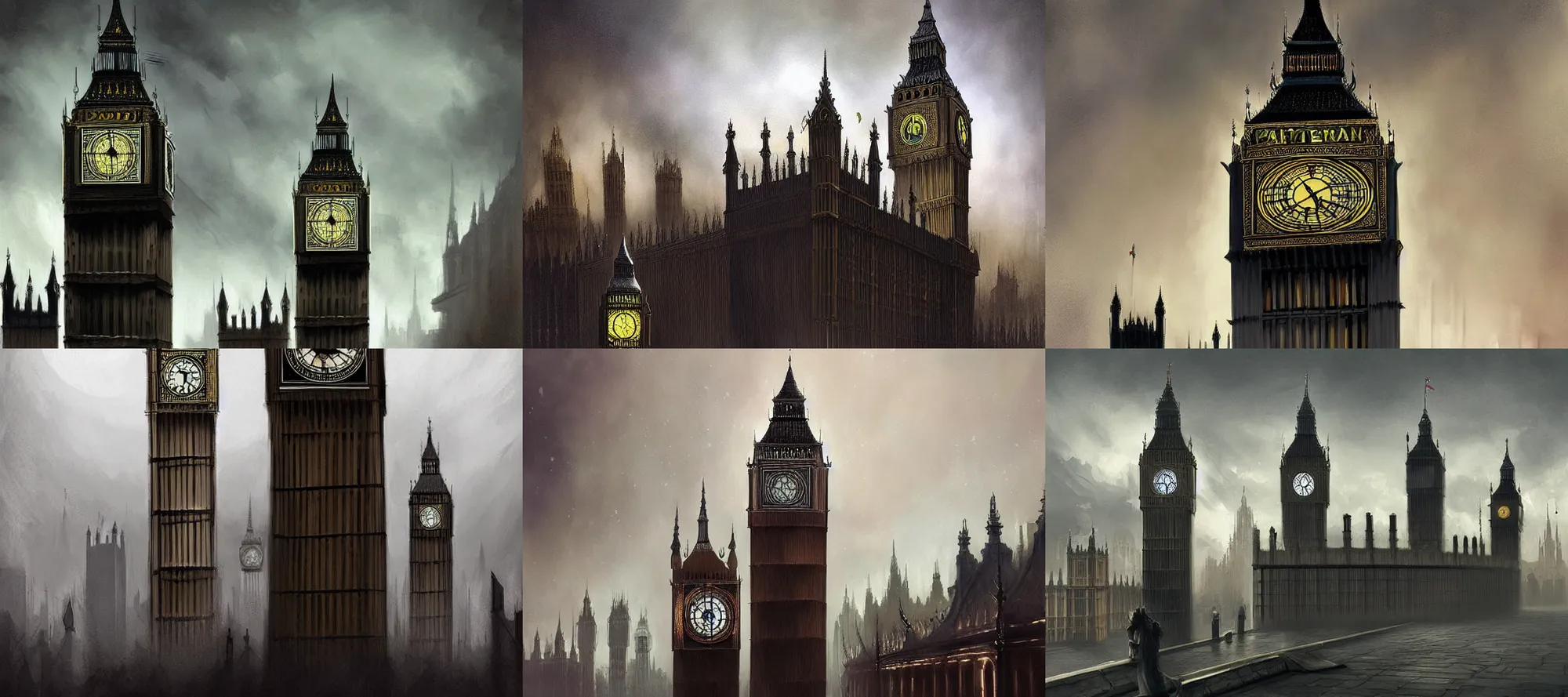 Prompt: landscape digital painting of modern apocalyptic london big ben houses of parliment themse intricate highly detailed dark fantasy art by charlie bowater tyler edlin