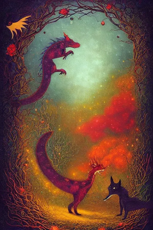 Image similar to surreal hybrid dragons and foxes, nostalgia for a fairytale, magic realism, flowerpunk, mysterious, vivid colors, by andy kehoe, amanda clarke