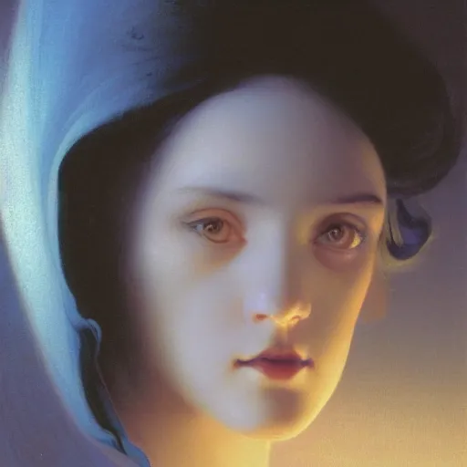 Prompt: a young woman's face, her hair is white and she wears an indigo blue satin cloak, by ivan aivazovsky and syd mead and moebius and gaston bussiere and roger dean and pieter claesz and paul delaroche and alma tadema and aelbert cuyp and isaac levitan, hyperrealistic, volumetric light, octane render