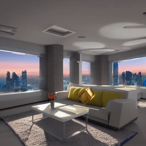 Image similar to futuristic interior design, living room in a spaceship with a window facing earth and the sun, photorealistic, ultra-detailed, 4k high resolution, HDR shot, cinematic lighting