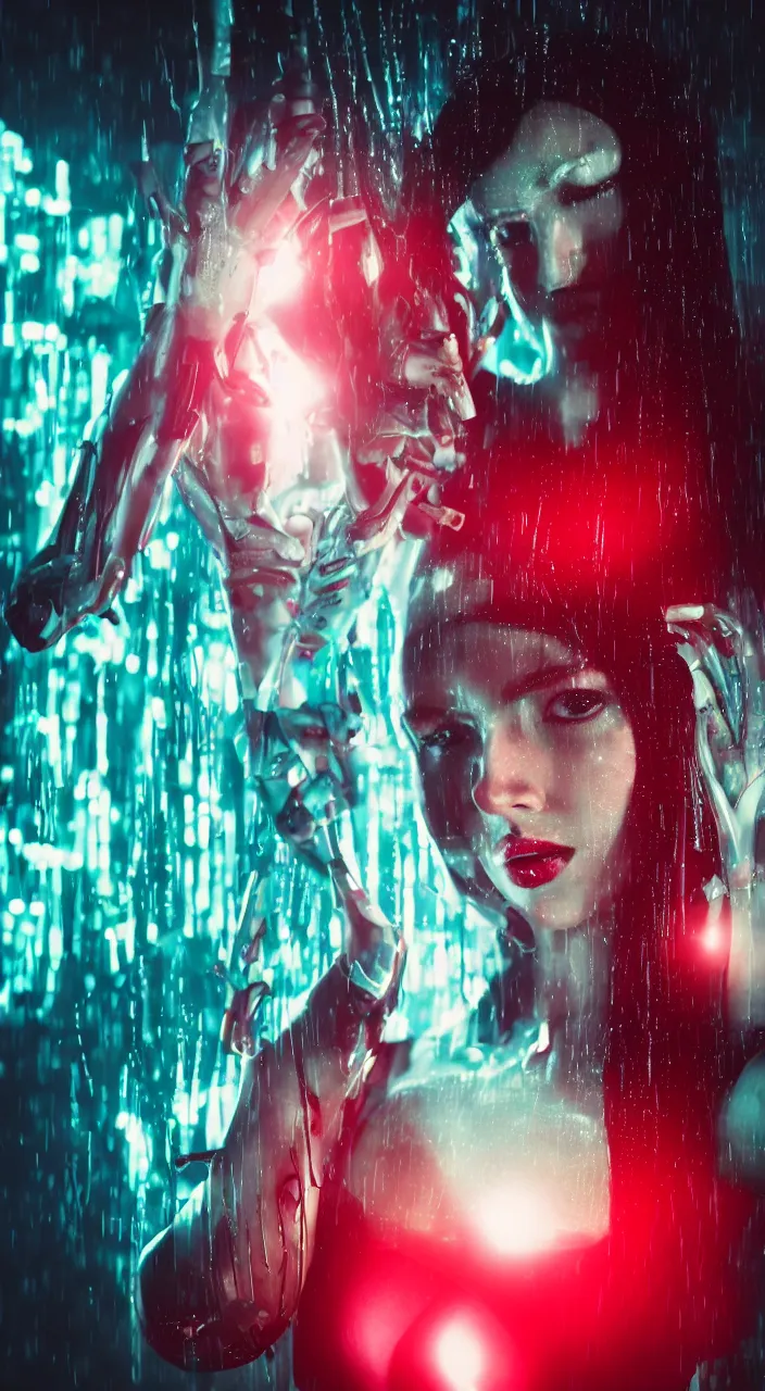 Prompt: woman, android, cyberpunk, artificial limbs, tattoos, neon light, hard light, glamour, vogue photoshoot, fashion, long dress, red dress, raindrops, rain, wet, make - up, leaky make - up, red lipstick