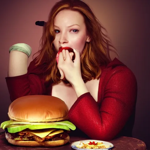 Prompt: portrait photography of Rebecca Ferguson eating a giant hamburger, extra ketchup and mustard with overflowing bacon lettuce and tomato, cinematic lighting, highly detailed, feminine ethereal, D&D, hearthstone, digital painting, artstation, concept art, smooth, sharp focus, illustration, art by Terry Moore and Greg Rutkowski and Alphonse Mucha