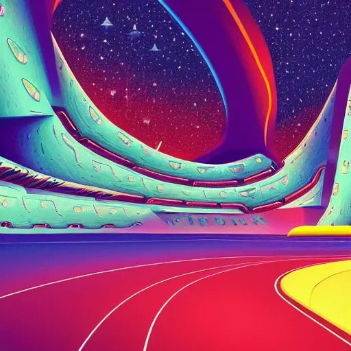 Image similar to interior of cosmic highway created by bosch, beautiful colors, bold architecture, detailed, 4 k