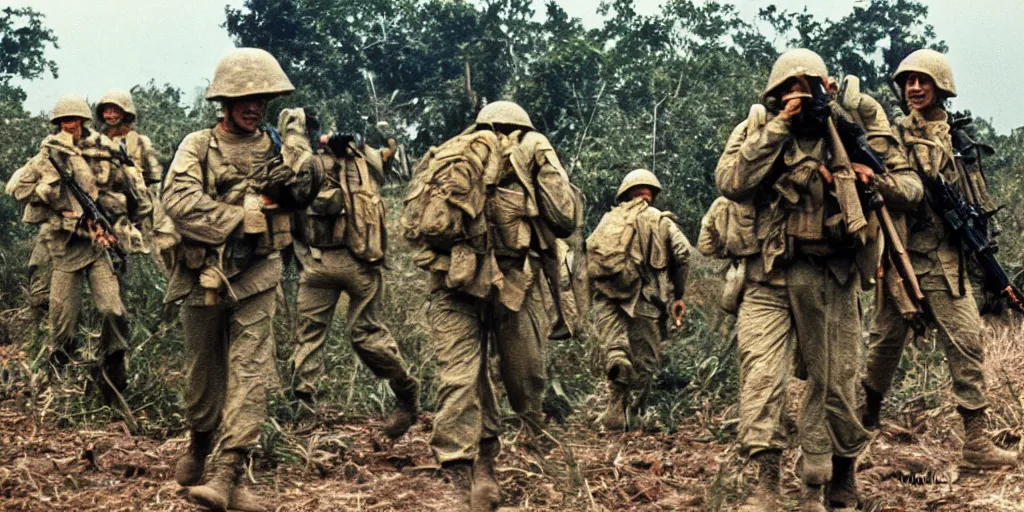 Prompt: u. s. marines move through a landing zone 1 9 6 9, vietnam war, soldiers closeup, us flag, jungles in the background, coloured film photography, exposed colour film, ken burns photography lynn novick photography