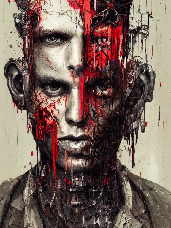 Prompt: art portrait of a man in shadow, decaying ,8k,by tristan eaton,Stanley Artgermm,Tom Bagshaw,Greg Rutkowski,Carne Griffiths, Ayami Kojima, Beksinski, Giger,trending on DeviantArt,face enhance,hyper detailed,minimalist,cybernetic, android, blade runner,full of colour,