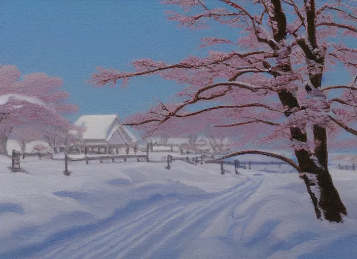 Image similar to hokkaido in winter, japan in the style of hudson river school of art, oil on canvas