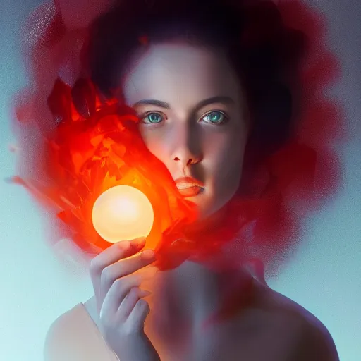 Prompt: woman holding a ball of plasma, wearing a shirt, beautiful face, digital art, expressive oil painting, highly detailed, trending on artstation, realism, octane render