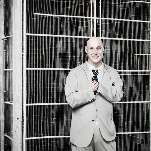 Image similar to bald white man wearing a monkey suit inside a cage. 5 0 mm f 5. 7