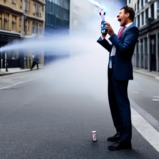 Prompt: businessman in a suit with his trousers down, holding a graffiti spray can, and screaming like a maniac in a busy city street