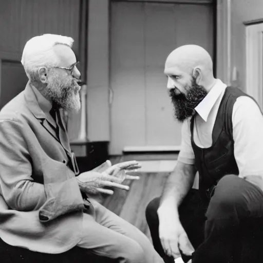 Prompt: old film photography of a 6 0 year old man with white short hair and white short beard having a conversation with a grey alien