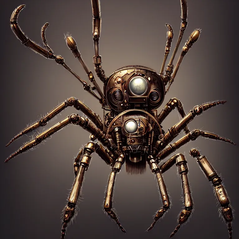 Image similar to portrait shot of a steampunk robot spider, unreal engine realistic render, 8 k, micro detail, intricate, elegant, highly detailed, centered, digital painting, artstation, smooth, sharp focus, illustration, artgerm, tomasz alen kopera, peter mohrbacher, donato giancola, joseph christian leyendecker, wlop, boris vallejo