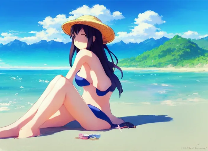 Image similar to a cute girl in a bikini and sunhat sitting on a towel on the beach, rocky mountains far in the distance, fluffy clouds on the horizon, by makoto shinkai an krenz cushart