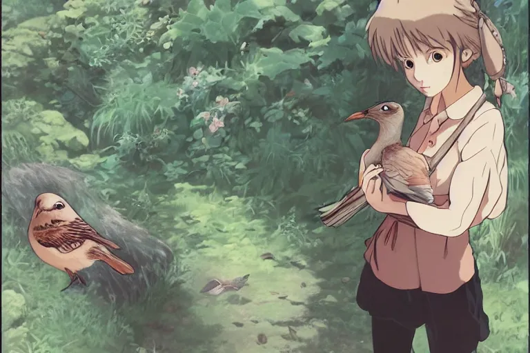 Image similar to young pretty girl holding a bird in her hands, looking touched, Fragile looking character portrait , beautiful scene; highly detailed art, by Studio Ghibli , High contrast, anime art