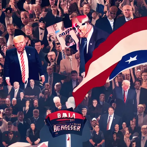 Image similar to A detailed picture of Bernie Sander's standing over Donald Trump triumphant with bloody fists, boxing ring, spotlight, viewed from above, 4k, artstation