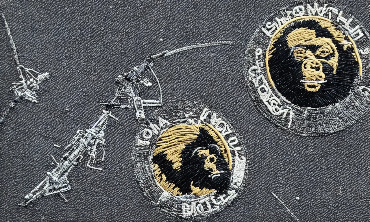 Image similar to a gorilla climbing a communications tower. breaking lighting bolts. round, circular embroidered us radar corps patch 8 k /