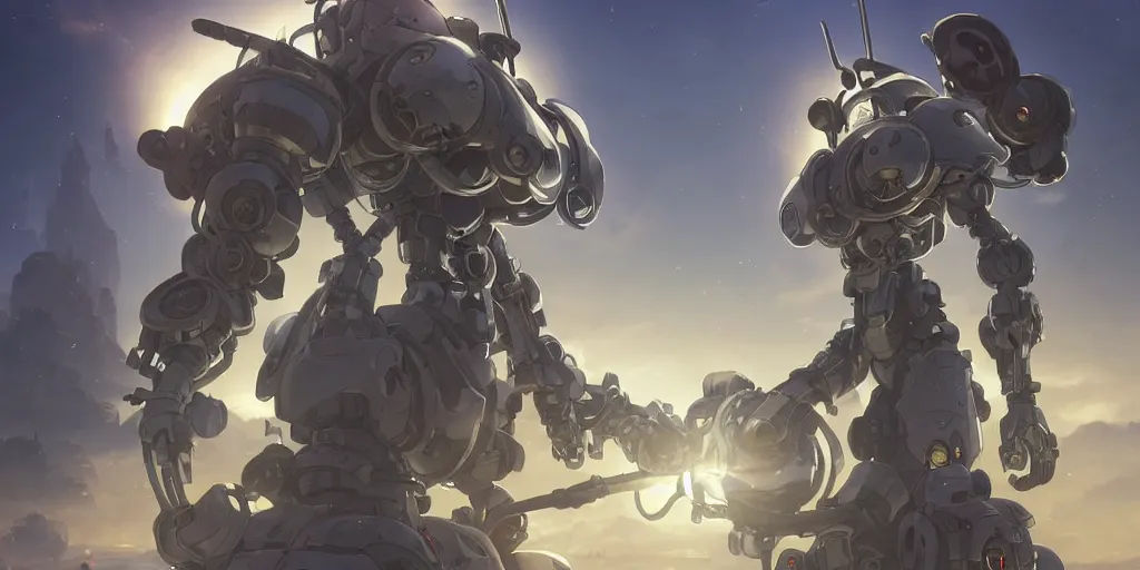 Image similar to robot mech from made in abyss by akihito tsukushi, backlight, centered rim lighting, deep focus, d & d, fantasy, intricate, elegant, highly detailed, digital painting, artstation, concept art, matte, sharp focus, illustration, hearthstone, art by artgerm and greg rutkowski and alphonse mucha