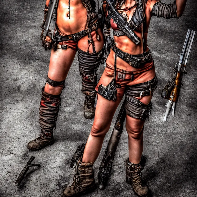 Image similar to full length photo of a very beautiful female atompunk warrior with weapons, 8 k, hdr, smooth, sharp focus, high resolution, award - winning photo