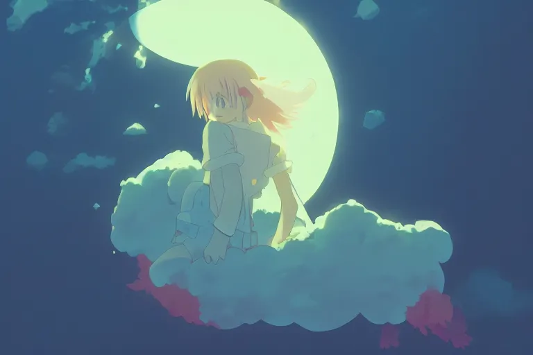 Image similar to a cute anime girl sleeping on a cloud, misty, glows, by studio ghibli, anime, hazy, foggy, ambient lighting, 8 k, neon, synthwave,