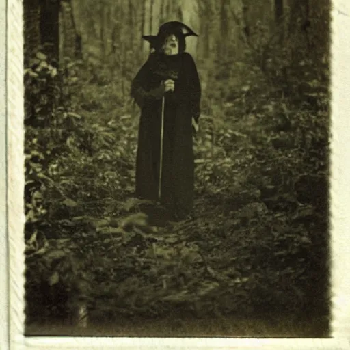 Prompt: scary witch in the woods 1910 Polaroid photo