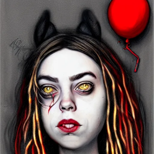 Image similar to surrealism grunge cartoon portrait sketch of billie eilish with a wide smile and a red balloon by - michael karcz, loony toons style, where the wild things are style, horror theme, detailed, elegant, intricate