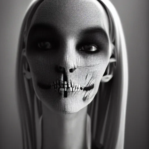 Image similar to black and white dreamy foggy smoky profile face portrait, single skeletal biomechanical beautiful young female cyborg robot bust, body ribs meshes,, volumetric light, rim light, by dora maar and cecile beaton, big gothic fashion pearl embroidered collar, 8 k