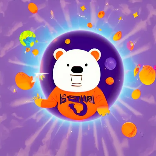 Image similar to cartoon animated illustration of a bear mascot being launched from a futuristic marble planet, purple and orange cloudland