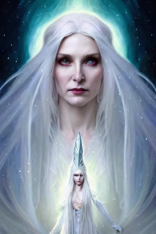 Image similar to realistic wide angle portrait of a beautiful white witch, standing, crafting spells, bright witch, beautiful face, fantasy, chaos, magic, dark magic, dramatic lighting, intricate, wild, highly detailed, digital painting, artstation, concept art, smooth, sharp focus, illustration, art by artgerm and greg rutkowski and alphonse mucha, footage from space camera