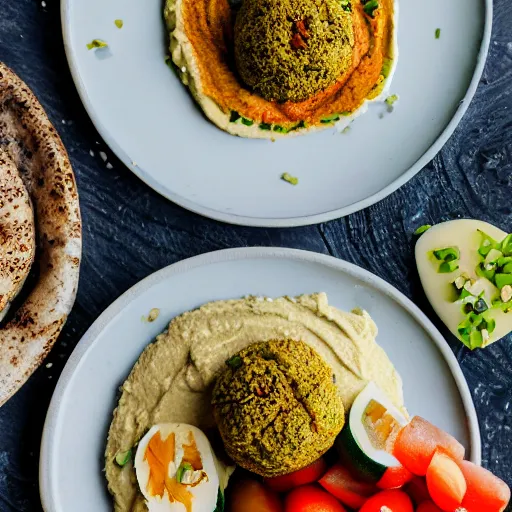 Prompt: a hummus plate with falafel, food photography