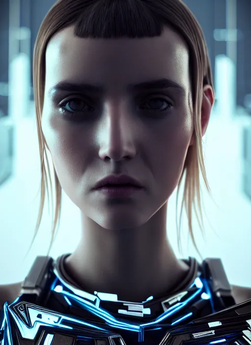 Prompt: 3 / 4 portrait, emma bot queen, crown, futuristic fashion clothing, brunette, long hair, id magazine, hyperrealism, detailed textures, photorealistic, 3 d cyberpunk apocalyptic city, ultra realistic, cinematic, intricate, cinematic light, unreal engine 8 k, octane render, unreal engine, david kostic, artgerm