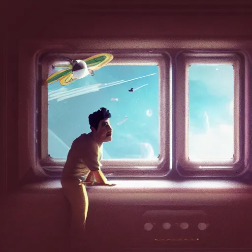 Image similar to hyperrealistic film still of ace ventura peeking through window, spacecraft in space, stunning 3 d render, inspired by istvan sandorfi & greg rutkowski & unreal engine, perfect facial symmetry, dim volumetric cinematic lighting, 8 k octane comprehensive render, extremely hyper - detailed, incredibly lifelike attributes, intricate, real flesh texture, masterpiece, artstation, stunning,