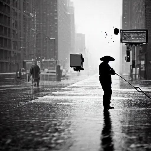 Prompt: portrait of a man fishing in a rainy new york street, photograph, magazine, press, photo