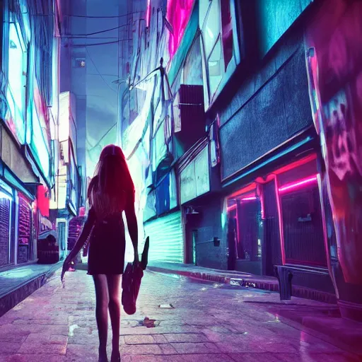 Image similar to a beautiful picture of a girl walking in a cyberpunk street by aurahack, low angle shot, cinematic, colorful, trending on artstation