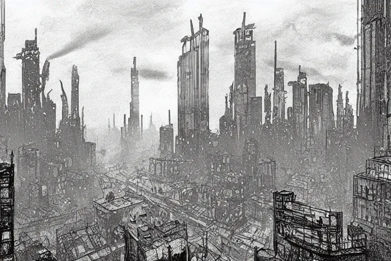 Prompt: dieselpunk city in the style of jean francois millet