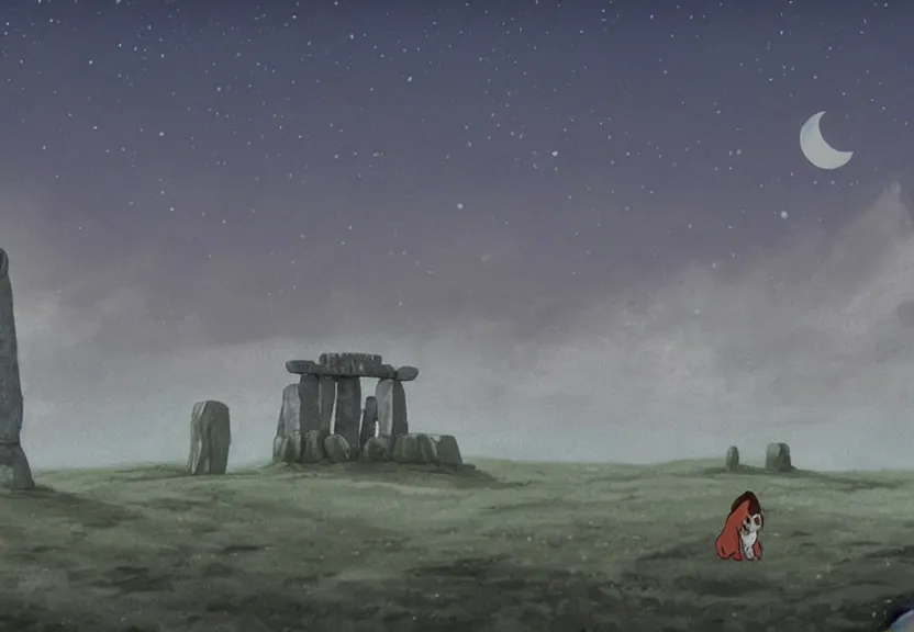 Image similar to a cell - shaded cartoon from princess mononoke ( 1 9 9 7 ) showing a huge giant grey monster. in the background is stonehenge on a misty and starry night. very dull muted colors, hd, 4 k, hq