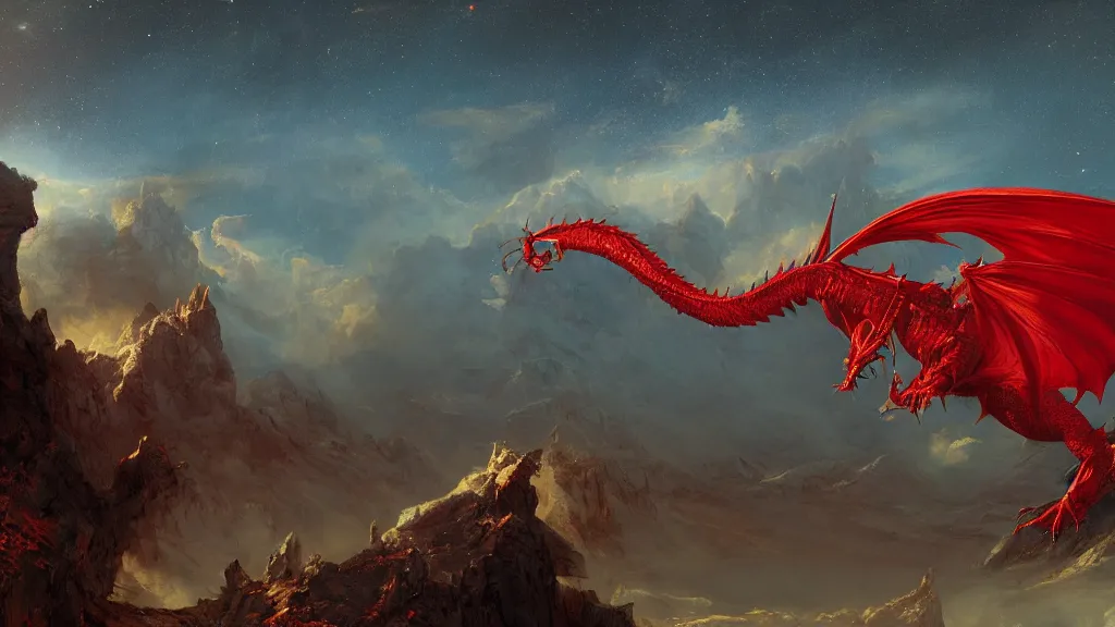 Image similar to a red dragon at night in a clear star filled sky by thomas cole, behance, 8k featured in artstation, cinematic matte painting, volumentric lighting